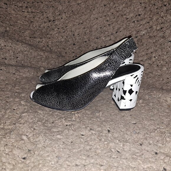 WHAT FOR-Paris-Crackled Black Leather-Distressed Cracked Heel-Slingback-Sz 37-EX - Picture 2 of 8